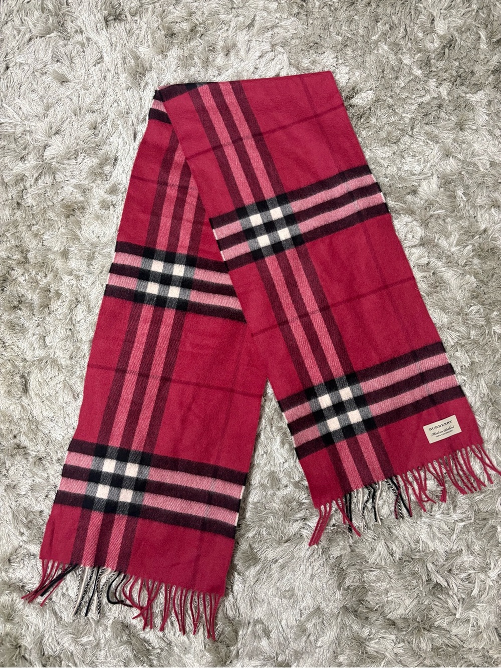 Authentic Burberry 100%cashmere Pink Plaid Fringe Scarf